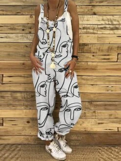 Jumpsuit For Woman Overall Pocket Print Print Holiday Daily Vacation Straight Regular Fit Sleeveless Sleeveless Black White Gray S M L Summer