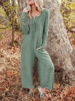 Women's Jumpsuit Button Pocket Solid Color Crew Neck Streetwear Street Daily Regular Fit Long Sleeve Black Yellow Fuchsia S M L Fall -Cheap Plus Fit Dress Store xjrtwh1692269108958