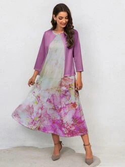 Women's Two Piece Dress Set Casual Dress Swing Dress Outdoor Office Fashion Streetwear Print Midi Dress Crew Neck 3/4 Length Sleeve Floral Ombre Regular Fit Pink Blue Purple Fall Winter S M L XL XXL -Cheap Plus Fit Dress Store xjuglx1697681155290