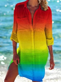 Women's Shirt Dress Casual Dress Shift Dress Mini Dress Daily Holiday Polyester Vacation Hot Shirt Collar Print Long Sleeve Summer Fall Spring 2023 Loose Fit Red Blue Green Rainbow Print -Cheap Plus Fit Dress Store xjurot1652165445686