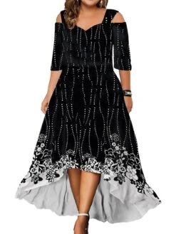 Women‘s Plus Size Curve Party Dress Wedding Guest Dress Swing Dress Long Dress Maxi Dress Black White Pink 3/4 Length Sleeve Floral Cold Shoulder Summer Spring Fall V Neck Fashion Birthday -Cheap Plus Fit Dress Store xkehww1690280961364