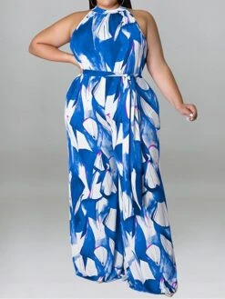 Women's Jumpsuit High Waist Print Floral Crew Neck Casual Daily Holiday Regular Fit Sleeveless Red Blue Purple XL XXL 3XL Spring -Cheap Plus Fit Dress Store xknkau1675747211242