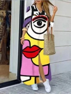 Women's Shirt Dress Casual Dress Maxi Long Dress Outdoor Daily Polyester Fashion Hot Shirt Collar Button Print Long Sleeve Summer Spring Fall 2023 Regular Fit ArmyGreen Black Pink Geometric Abstract