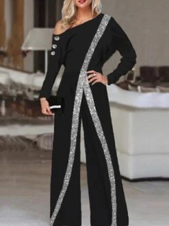 Women's Jumpsuit Patchwork Solid Color Cold Shoulder Streetwear Wedding Party Regular Fit Long Sleeve Silver S M L Summer