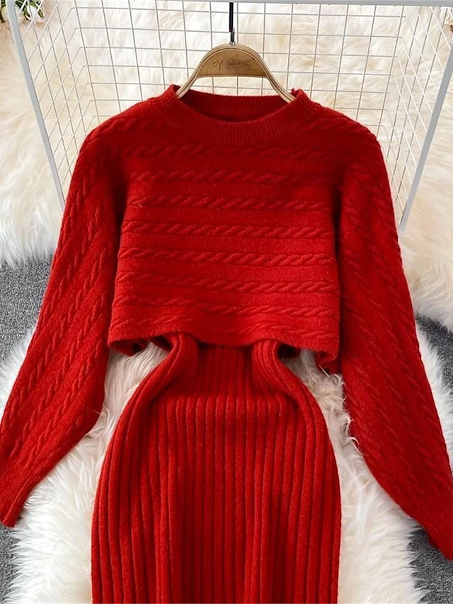 Women's Two Piece Dress Set Casual Dress Sheath Dress Outdoor Daily Fashion Streetwear Ruched Midi Dress Crew Neck Long Sleeve Plain Loose Fit Black White Wine Fall Winter One-Size 9 Women's Two Piece Dress Set Casual Dress Sheath Dress Outdoor Daily Fashion Streetwear Ruched Midi Dress Crew Neck Long Sleeve Plain Loose Fit Black White Wine Fall Winter One-Size - Image 9