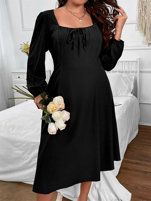 Women‘s Plus Size Curve Party Dress Cocktail Dress Wedding Guest Dress Black Dress Midi Dress Long Sleeve Pure Color Ruched Spring Fall Winter Square Neck Fashion Birthday Wedding Guest Vacation 6 Women‘s Plus Size Curve Party Dress Cocktail Dress Wedding Guest Dress Black Dress Midi Dress Long Sleeve Pure Color Ruched Spring Fall Winter Square Neck Fashion Birthday Wedding Guest Vacation - Image 6