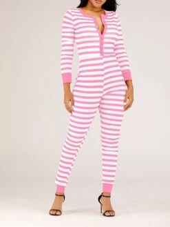 Women's Jumpsuit Button Print Striped V Neck Streetwear Christmas Street Xmas Regular Fit Long Sleeve Pink Red Blue S M L Fall -Cheap Plus Fit Dress Store xlngai1695792390245