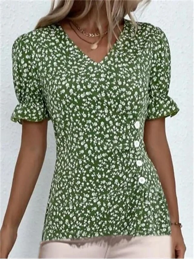 Women's Shirt Blouse Black Red Royal Blue Floral Button Print Short Sleeve Holiday Casual V Neck Regular Fit Floral Puff Sleeve 2 Women's Shirt Blouse Black Red Royal Blue Floral Button Print Short Sleeve Holiday Casual V Neck Regular Fit Floral Puff Sleeve - Image 2