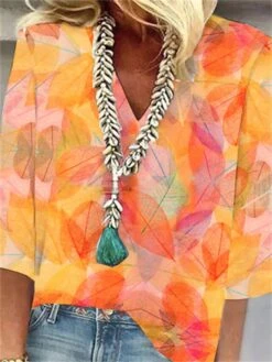 Women's Shirt Blouse Orange Leaf Print 3/4 Length Sleeve Casual Holiday Basic V Neck Regular Fit Floral -Cheap Plus Fit Dress Store xlzgnq1681467872126