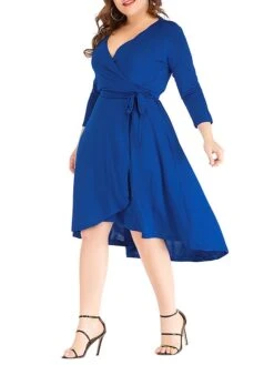 Women‘s Plus Size Curve Work Dress Semi Formal Dress Wrap Dress Fashion Midi Dress Lace Up V Neck Long Sleeve Plain Regular Fit Black Blue Spring Fall XL XXL 3XL 4XL 5XL -Cheap Plus Fit Dress Store xmmzrc1691402327047