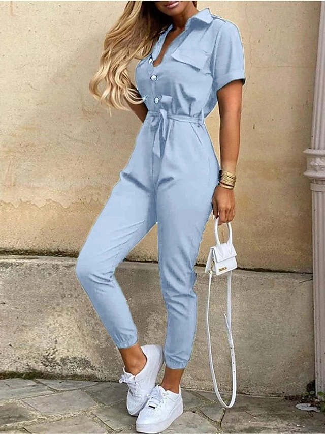 Women's Jumpsuits Casual Summer Button Solid Color Shirt Collar Streetwear Daily Vacation Regular Fit Short Sleeve Pink Wine Navy Blue S M L 5 Women's Jumpsuits Casual Summer Button Solid Color Shirt Collar Streetwear Daily Vacation Regular Fit Short Sleeve Pink Wine Navy Blue S M L - Image 5