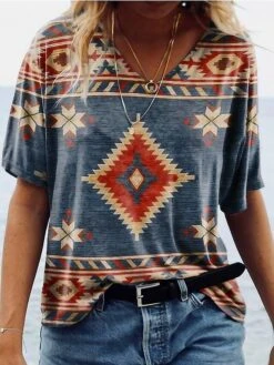 Women's T Shirt Tee White Army Green Blue Geometric Vintage Cow Print Short Sleeve Casual Weekend Vintage Basic Ethnic V Neck Regular Fit Geometric Painting