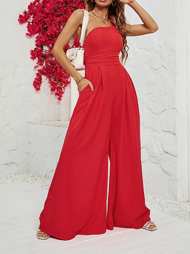 Women's Jumpsuit Ruffle Patchwork Solid Color One Shoulder Streetwear Christmas Party Street Xmas Wide Leg Slim Sleeveless Red S M L Fall 4 Women's Jumpsuit Ruffle Patchwork Solid Color One Shoulder Streetwear Christmas Party Street Xmas Wide Leg Slim Sleeveless Red S M L Fall - Image 4