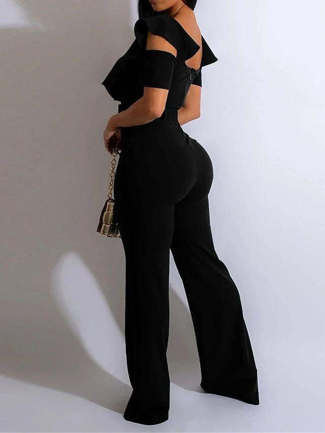Women's Jumpsuit Ruffle High Waist Solid Color Off Shoulder Elegant Wedding Party Regular Fit Short Sleeve Black Red Blue S M L Fall 5 Women's Jumpsuit Ruffle High Waist Solid Color Off Shoulder Elegant Wedding Party Regular Fit Short Sleeve Black Red Blue S M L Fall - Image 5