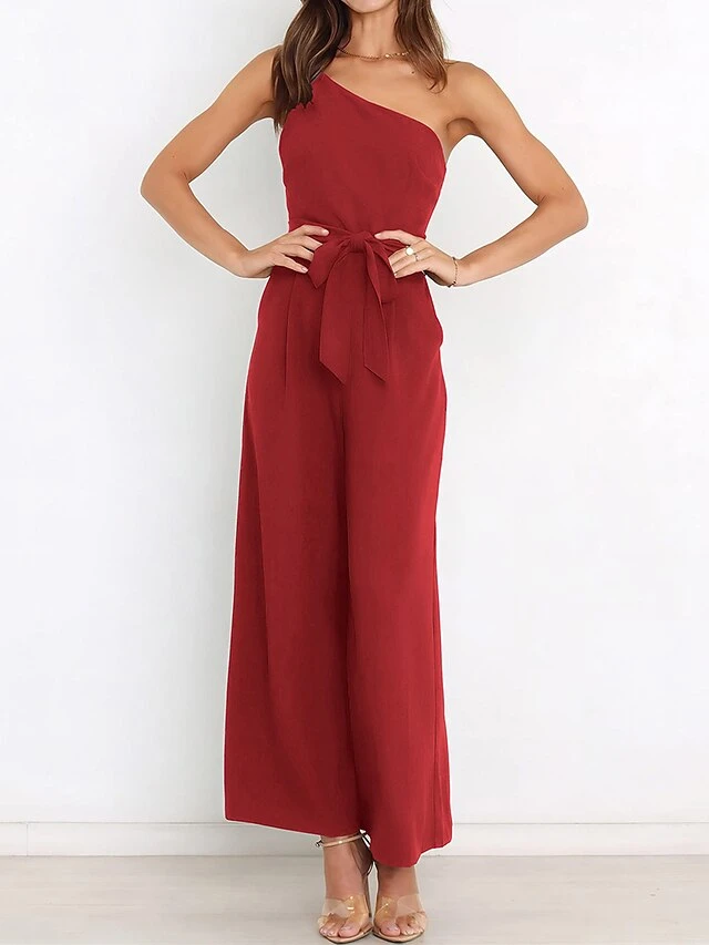 Women's Jumpsuit Pocket High Waist Solid Color One Shoulder Elegant Party Christmas Regular Fit Sleeveless Yellow Army Green Red S M L Fall 5 Women's Jumpsuit Pocket High Waist Solid Color One Shoulder Elegant Party Christmas Regular Fit Sleeveless Yellow Army Green Red S M L Fall - Image 5