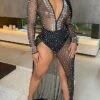 Women's Jumpsuit Mesh Solid Color Deep V Sexy Party Bar See Through Regular Fit Long Sleeve Red Beige Black S M L Winter Fall