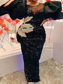 Women‘s Plus Size Curve Party Dress Leaf Crew Neck Sequins 3/4 Length Sleeve Spring Fall Stylish Elegant Prom Dress Maxi Long Dress Formal Party Dress Sequin Dress Mesh