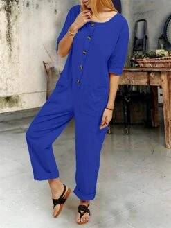 Women's Jumpsuit Button Pocket Solid Color Round Neck Streetwear Home Daily Slim Half Sleeve Black Red Blue S M L Fall 10 Women's Jumpsuit Button Pocket Solid Color Round Neck Streetwear Home Daily Slim Half Sleeve Black Red Blue S M L Fall -Cheap Plus Fit Dress Store xnpheu1696909216975