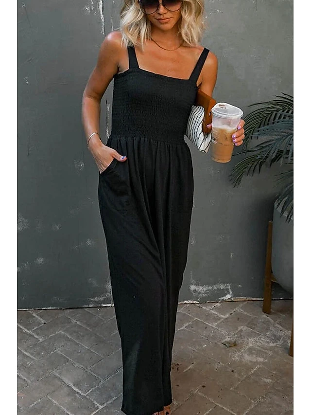 Women's Jumpsuit Backless Pocket Solid Color Square Neck Streetwear Daily Vacation Regular Fit Strap Black Wine Navy Blue S M L Spring 1 Women's Jumpsuit Backless Pocket Solid Color Square Neck Streetwear Daily Vacation Regular Fit Strap Black Wine Navy Blue S M L Spring