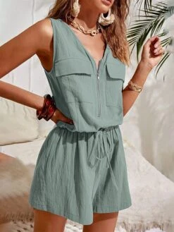 Women's Romper Lace Up Zipper Solid Color V Neck Holiday Street Daily Loose Fit Sleeveless Blue Green Khaki XS S M Summer -Cheap Plus Fit Dress Store xnvfqv1688715422852