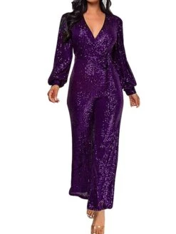 Women's Jumpsuit Lace Up Patchwork Solid Color V Neck Streetwear Party Street Regular Fit Long Sleeve Claret Champagne Gold Silver White S M L Fall -Cheap Plus Fit Dress Store xnvkbz1697766351500