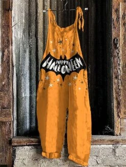 Women's Jumpsuit Halloween Pumpkin Bat Print Floral Crew Neck Holiday Party Going Out Straight Loose Fit Strap Black White Yellow S M L All Seasons -Cheap Plus Fit Dress Store xoamdi1690277833083