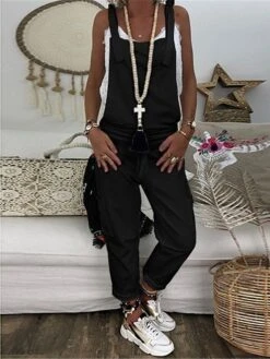 Women's Overall Bib Pocket Solid Color U Neck Basic Daily Vacation Regular Fit Sleeveless Black White Wine S M L Summer