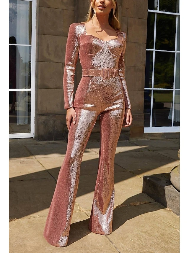 Women's Jumpsuit Solid Color Square Neck Streetwear Wedding Party Straight Regular Fit Long Sleeve Pink Red Blue S M L All Seasons 3 Women's Jumpsuit Solid Color Square Neck Streetwear Wedding Party Straight Regular Fit Long Sleeve Pink Red Blue S M L All Seasons - Image 3