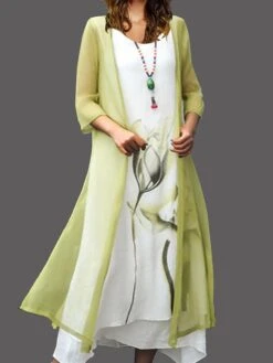 Women's Two Piece Dress Set Casual Dress Cotton Linen Dress Outdoor Daily Fashion Casual Fake Two Piece Print Midi Dress Crew Neck Short Sleeve Floral Painting Regular Fit Yellow Pink Red Summer -Cheap Plus Fit Dress Store xorugz1680146908990