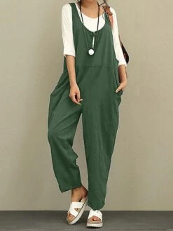 Women's Jumpsuit Pocket Maillard Solid Color Deep U Streetwear Street Daily Straight Loose Fit Sleeveless Brown Green Khaki S M L Fall -Cheap Plus Fit Dress Store xpeafk1692670513274