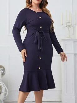 Women‘s Plus Size Curve Work Dress Sheath Dress Semi Formal Dress Fashion Midi Dress Lace Up Ruffle Crew Neck Long Sleeve Plain Regular Fit Navy Blue Spring Fall XL XXL 3XL 4XL -Cheap Plus Fit Dress Store xpoizs1692089358186