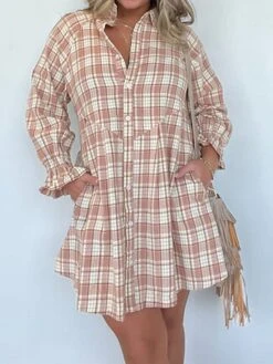 Women's Shirt Dress Casual Dress Mini Dress Outdoor Daily Vacation Polyester Fashion Modern Shirt Collar Button Pocket Long Sleeve Spring Fall Winter 2023 Loose Fit Pink Plaid S M L XL 2XL