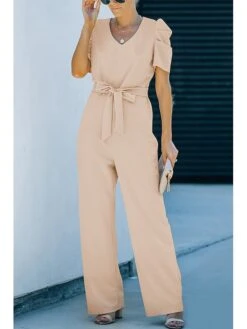 Women's Jumpsuit Lace Up Solid Color V Neck Streetwear Holiday Vacation Regular Fit Short Sleeve Black Wine Red S M L Spring -Cheap Plus Fit Dress Store xpwgtk1675153747215