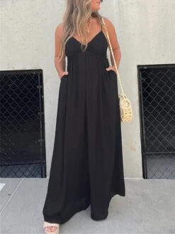 Women's Jumpsuit Backless Solid Color V Neck Streetwear Street Daily Regular Fit Strap Black S M L Spring