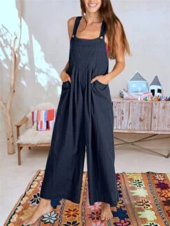 Women's Jumpsuit Pocket Solid Color Square Neck Streetwear Street Daily Regular Fit Sleeveless Yellow Pink Navy Blue S M L Summer -Cheap Plus Fit Dress Store xqcjyj1679468954789