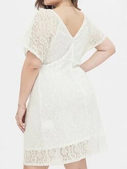 Women's Plus Size Party Dress Lace Dress Cocktail Dress Midi Dress White Short Sleeve Pure Color Lace Spring Fall Winter V Neck Fashion Birthday Wedding Guest Vacation 2023 XL XXL 3XL 4XL -Cheap Plus Fit Dress Store xqxppd1693535468856