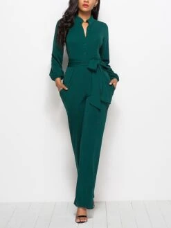 Women's Jumpsuit Belted Button Front Solid Color Shirt Collar Business Daily Office Straight Regular Fit Long Sleeve Green Black Wine S M L Fall