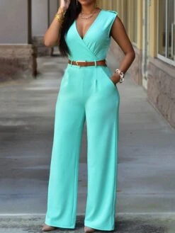 Women's Jumpsuit Pocket Solid Color V Neck Elegant Party Vacation Regular Fit Sleeveless Green Pink Yellow S M L Spring 22 Women's Jumpsuit Pocket Solid Color V Neck Elegant Party Vacation Regular Fit Sleeveless Green Pink Yellow S M L Spring -Cheap Plus Fit Dress Store xrkuof1644830913208