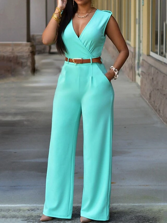 Women's Jumpsuit Pocket Solid Color V Neck Elegant Party Vacation Regular Fit Sleeveless Green Pink Yellow S M L Spring 3 Women's Jumpsuit Pocket Solid Color V Neck Elegant Party Vacation Regular Fit Sleeveless Green Pink Yellow S M L Spring - Image 3