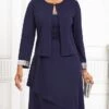 Women's Two Piece Dress Set Work Dress Chiffon Dress Office Date Fashion Elegant Patchwork Midi Dress Crew Neck Long Sleeve Plain Regular Fit Navy Blue Fall Winter S M L XL XXL