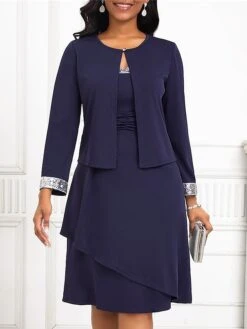 Women's Two Piece Dress Set Work Dress Chiffon Dress Office Date Fashion Elegant Patchwork Midi Dress Crew Neck Long Sleeve Plain Regular Fit Navy Blue Fall Winter S M L XL XXL