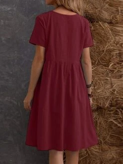 Women's Casual Dress Cotton Linen Dress Maxi Long Dress Linen / Cotton Blend Fashion Street Style Daily Date Weekend Crew Neck Ruffle Pocket Short Sleeve Summer 2023 Regular Fit Claret Black Yellow -Cheap Plus Fit Dress Store xryyhs1687233821893