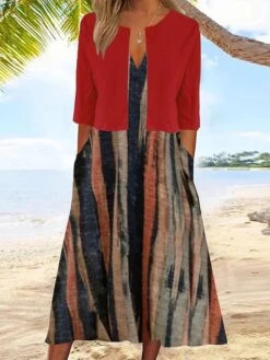 Women's Two Piece Dress Set Casual Dress Dress Set Outdoor Daily Fashion Streetwear Pocket Print Midi Dress V Neck Half Sleeve Stripe Regular Fit Red Summer Spring S M L XL XXL