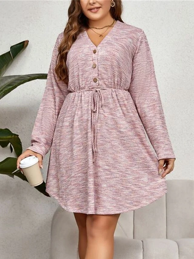 Women's Plus Size Curve Casual Dress Winter Dress Sheath Dress Plain Midi Dress Long Sleeve Lace Up Button V Neck Fashion Outdoor Pink Fall Winter XL XXL 3XL 4XL 2 Women's Plus Size Curve Casual Dress Winter Dress Sheath Dress Plain Midi Dress Long Sleeve Lace Up Button V Neck Fashion Outdoor Pink Fall Winter XL XXL 3XL 4XL - Image 2