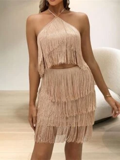 Women's Two Piece Dress Set Party Dress Skirt Set Party Holiday Fashion Party Tassel Fringe Backless Mini Dress Halter Neck Sleeveless Plain Slim Khaki Spring Fall S M L 8 Women's Two Piece Dress Set Party Dress Skirt Set Party Holiday Fashion Party Tassel Fringe Backless Mini Dress Halter Neck Sleeveless Plain Slim Khaki Spring Fall S M L -Cheap Plus Fit Dress Store xttxxr1692945866751