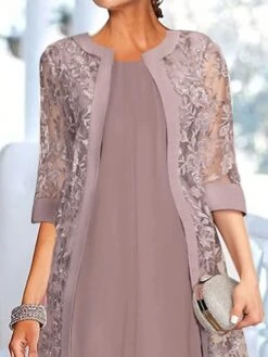 Women's Two Piece Dress Set Party Dress Lace Dress Party Wedding Guest Fashion Elegant Lace Patchwork Midi Dress Crew Neck 3/4 Length Sleeve Plain Regular Fit Light Purple Fall Winter S M L XL XXL -Cheap Plus Fit Dress Store xtyhiv1696734116597