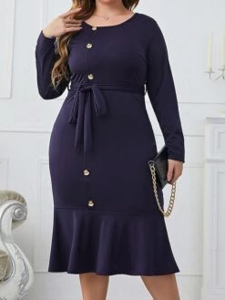 Women‘s Plus Size Curve Work Dress Sheath Dress Semi Formal Dress Fashion Midi Dress Lace Up Ruffle Crew Neck Long Sleeve Plain Regular Fit Navy Blue Spring Fall XL XXL 3XL 4XL -Cheap Plus Fit Dress Store xuagbz1692089357184