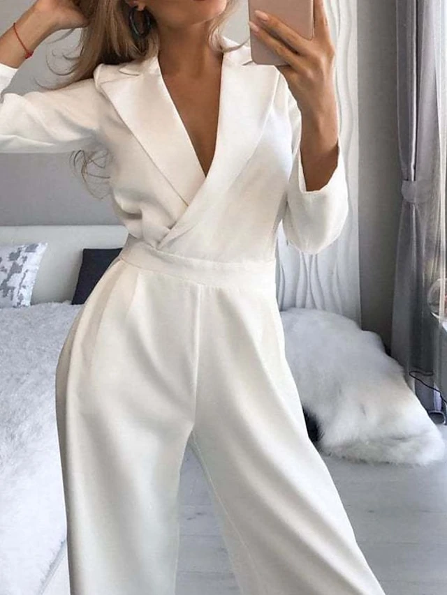 Women's Elegant Casual Streetwear Daily Wear V Neck High Waist White Black Wine Jumpsuit Solid Color 2 Women's Elegant Casual Streetwear Daily Wear V Neck High Waist White Black Wine Jumpsuit Solid Color - Image 2