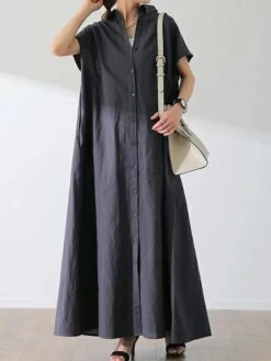 Women's Shirt Dress Casual Dress Swing Dress Maxi Long Dress Outdoor Daily Date Polyester Fashion Modern Shirt Collar Button Short Sleeve Fall 2023 Loose Fit ArmyGreen Blue Brown Plain S M L XL
