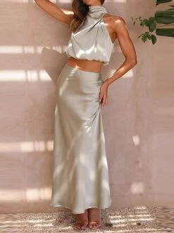 Women's Two Piece Dress Set Casual Dress Skirt Set Daily Holiday Fashion Sexy Ruched Long Dress Maxi Dress Stand Collar Sleeveless Plain Regular Fit Black White Light Green Summer Spring S M L XL 35 Women's Two Piece Dress Set Casual Dress Skirt Set Daily Holiday Fashion Sexy Ruched Long Dress Maxi Dress Stand Collar Sleeveless Plain Regular Fit Black White Light Green Summer Spring S M L XL -Cheap Plus Fit Dress Store xuffyk1690857202584